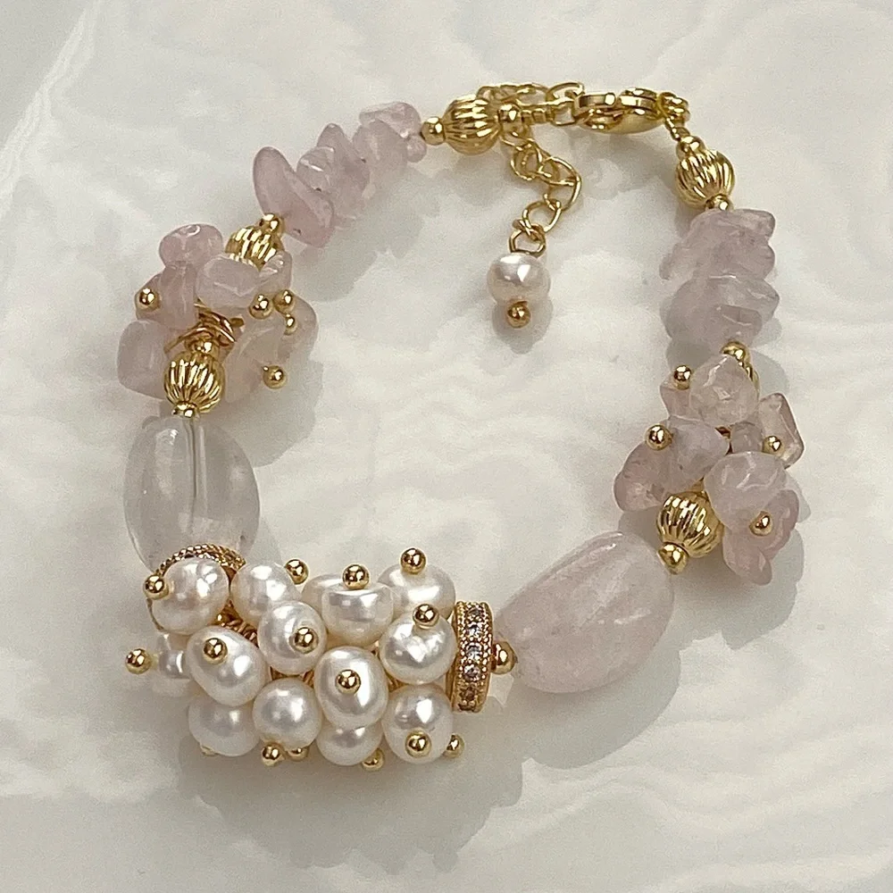 GP30b-Handmade Rose Quartz And Freshwater Pearl Bracelet - Picture 4 of 4
